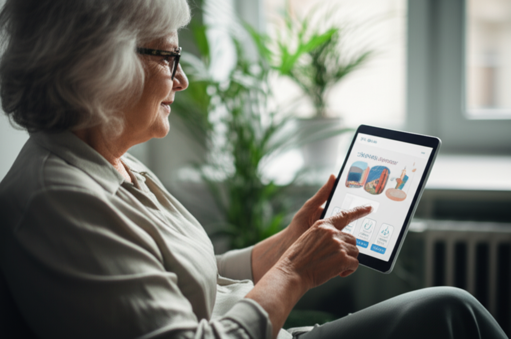 Persona mayor usando tablet para solicitar servicios